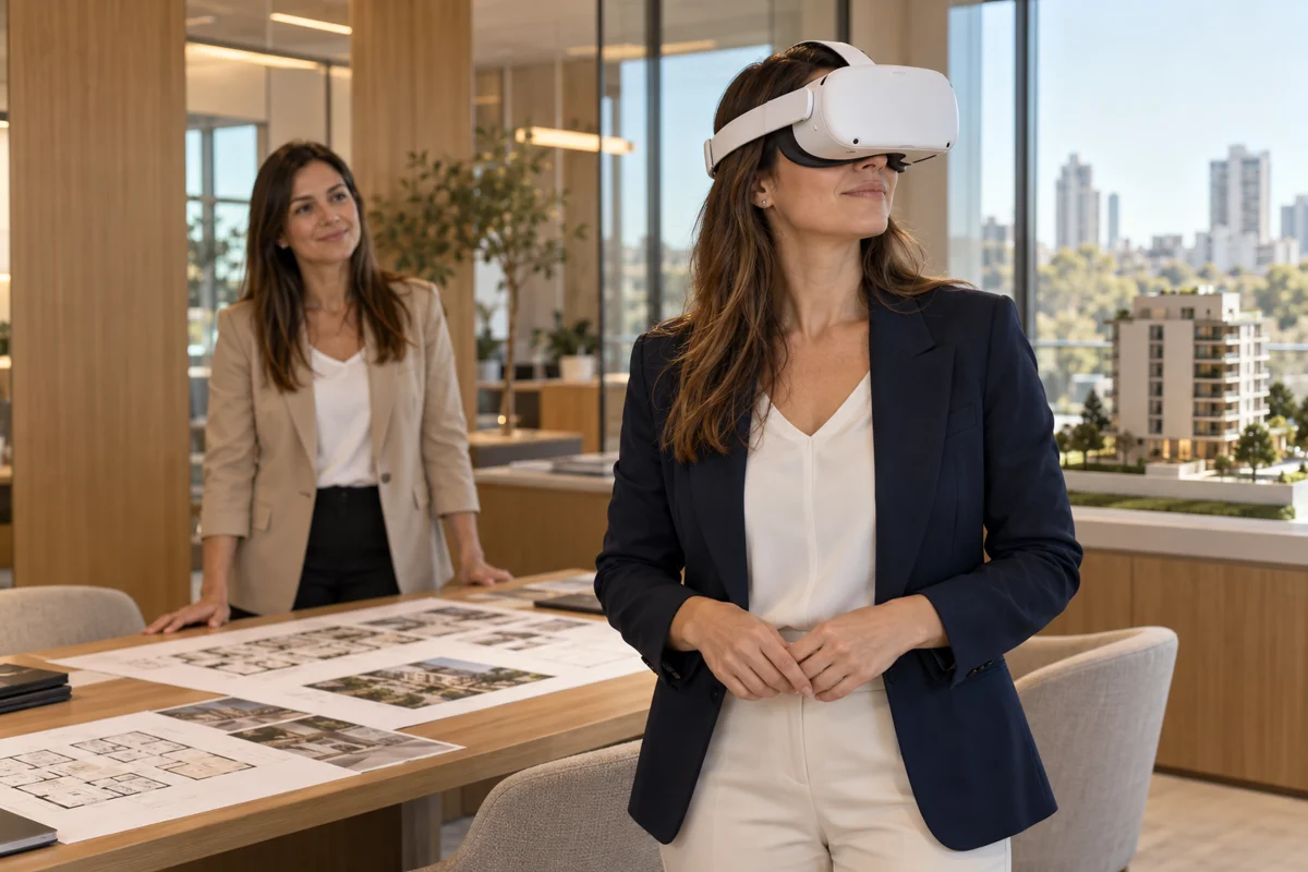 Escena conceptual de una compradora usando un casco VR, acompañada por una asesora en un showroom inmobiliario.